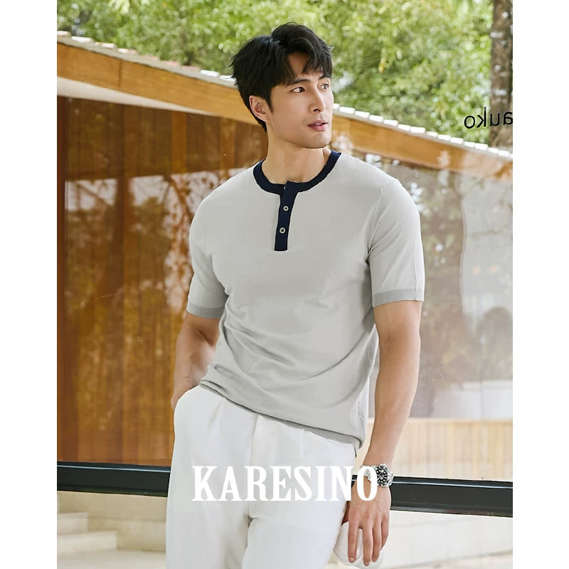 KARESINO Contrast Knit Polo Shirt Breathable Slim Fit