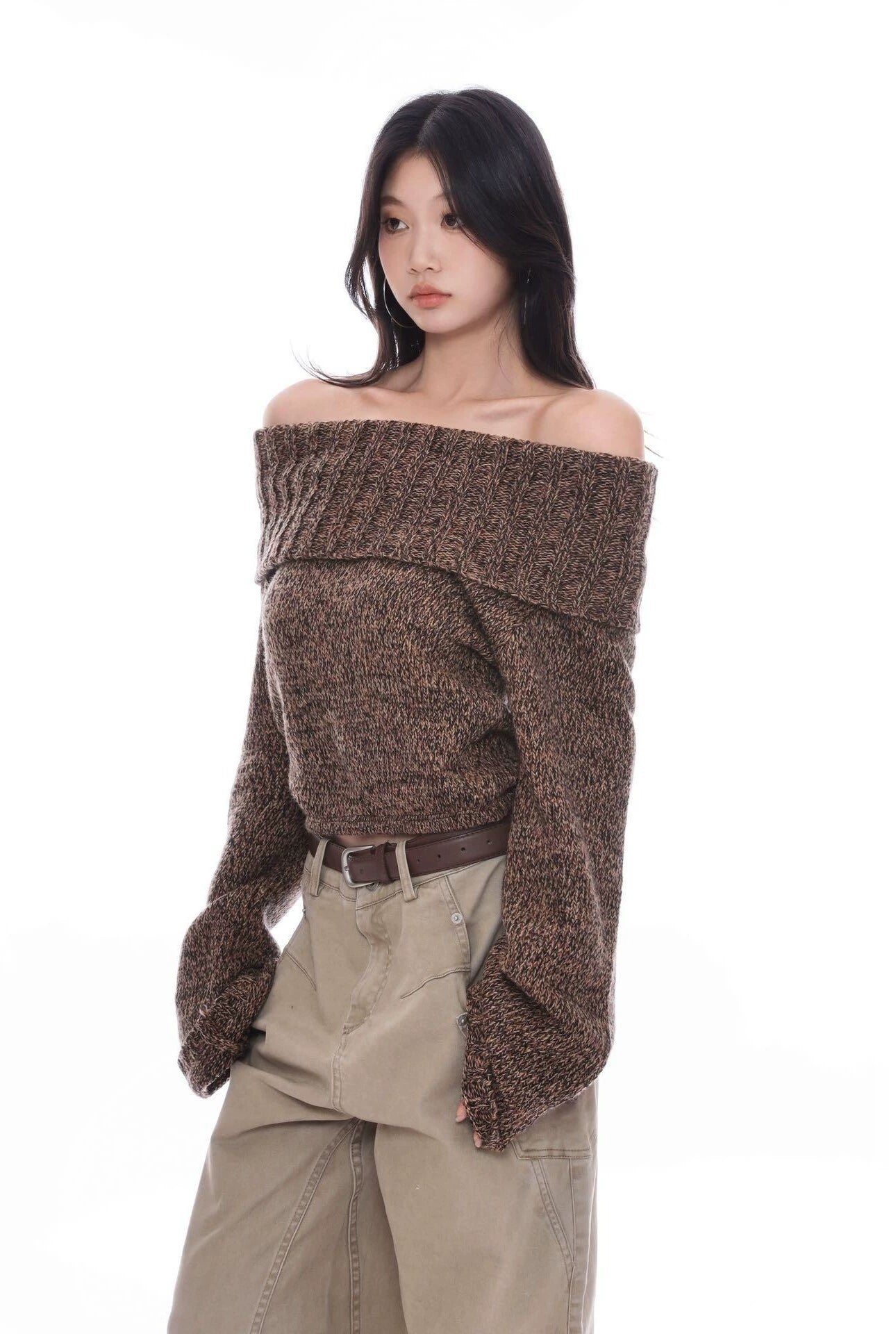 WITHMIN One-word Collar High-end Sense Versatile and Thin Knitted Sweater