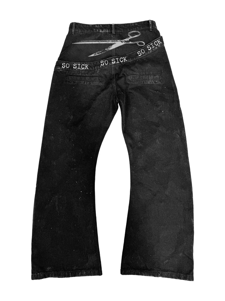 SoSick25ss "Cut" original tagline Alphabet profile splicing scimitar Premium black jeans