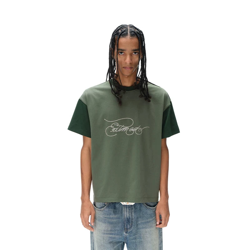 EXITMODE Contrast Color Script Embroidery Raglan Loose T-Shirt Unisex