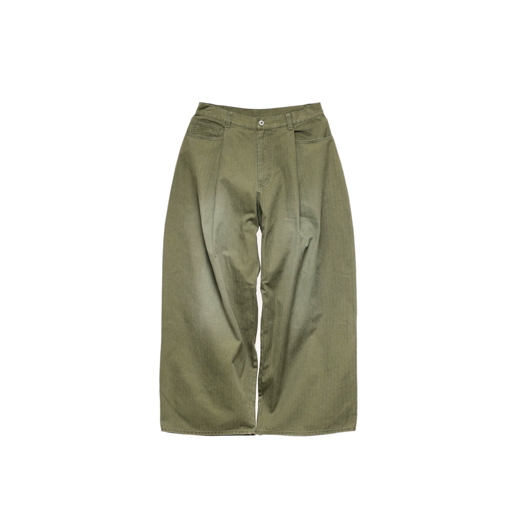 6CRAYON Washed Green Herringbone Wide-Leg Trousers