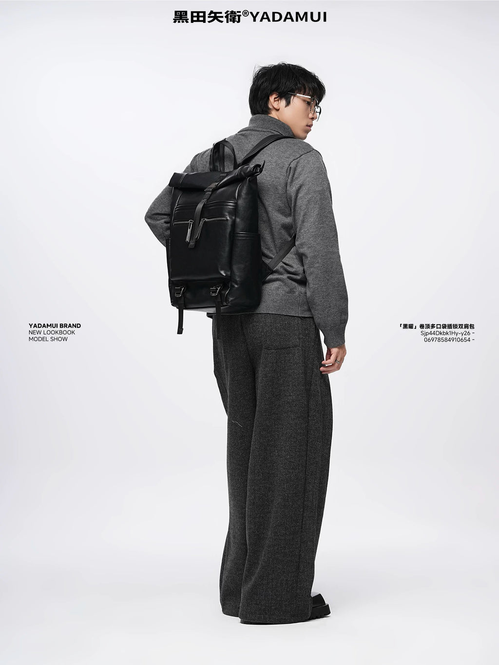 YADAMUI Black Obsidian Roll-Top Leather Backpack