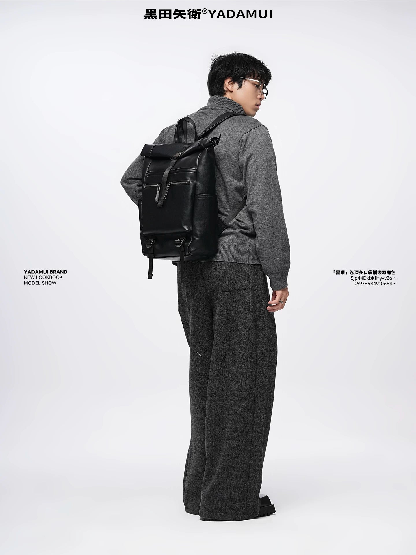 YADAMUI Black Obsidian Roll-Top Leather Backpack