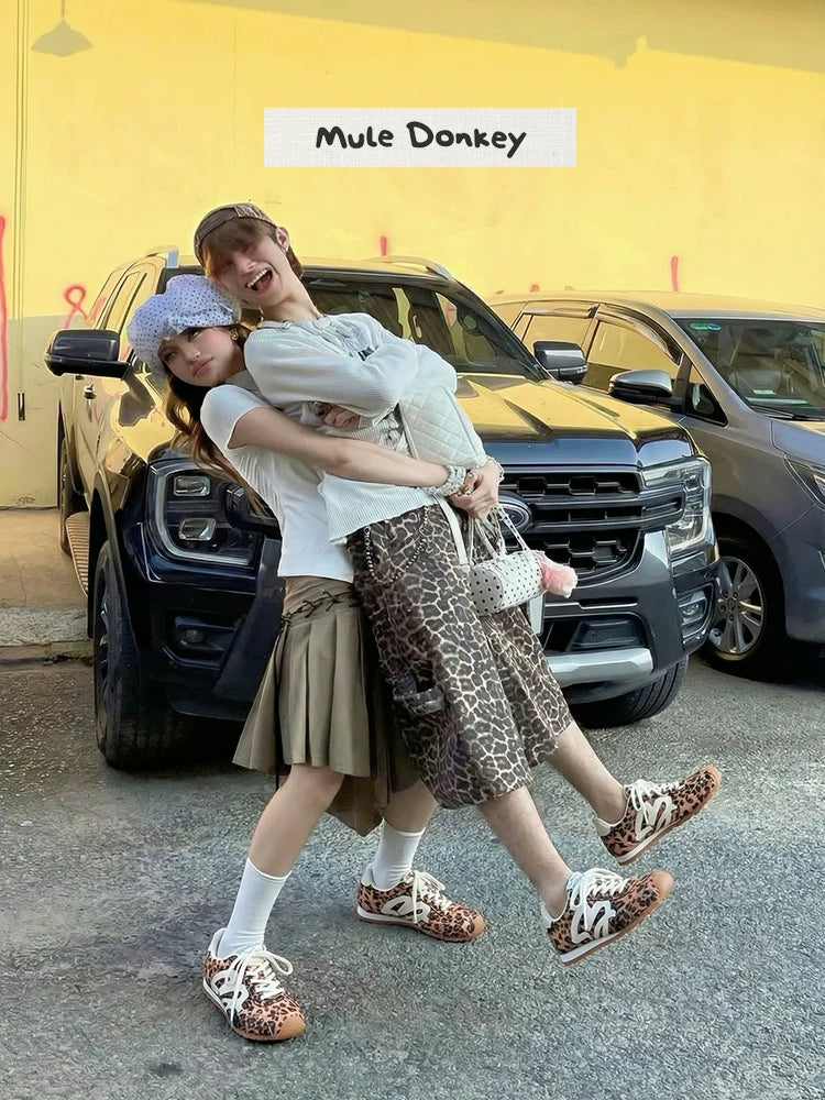 Mule Donkey Leopard Print Suede Lace-Up Retro Sneaker
