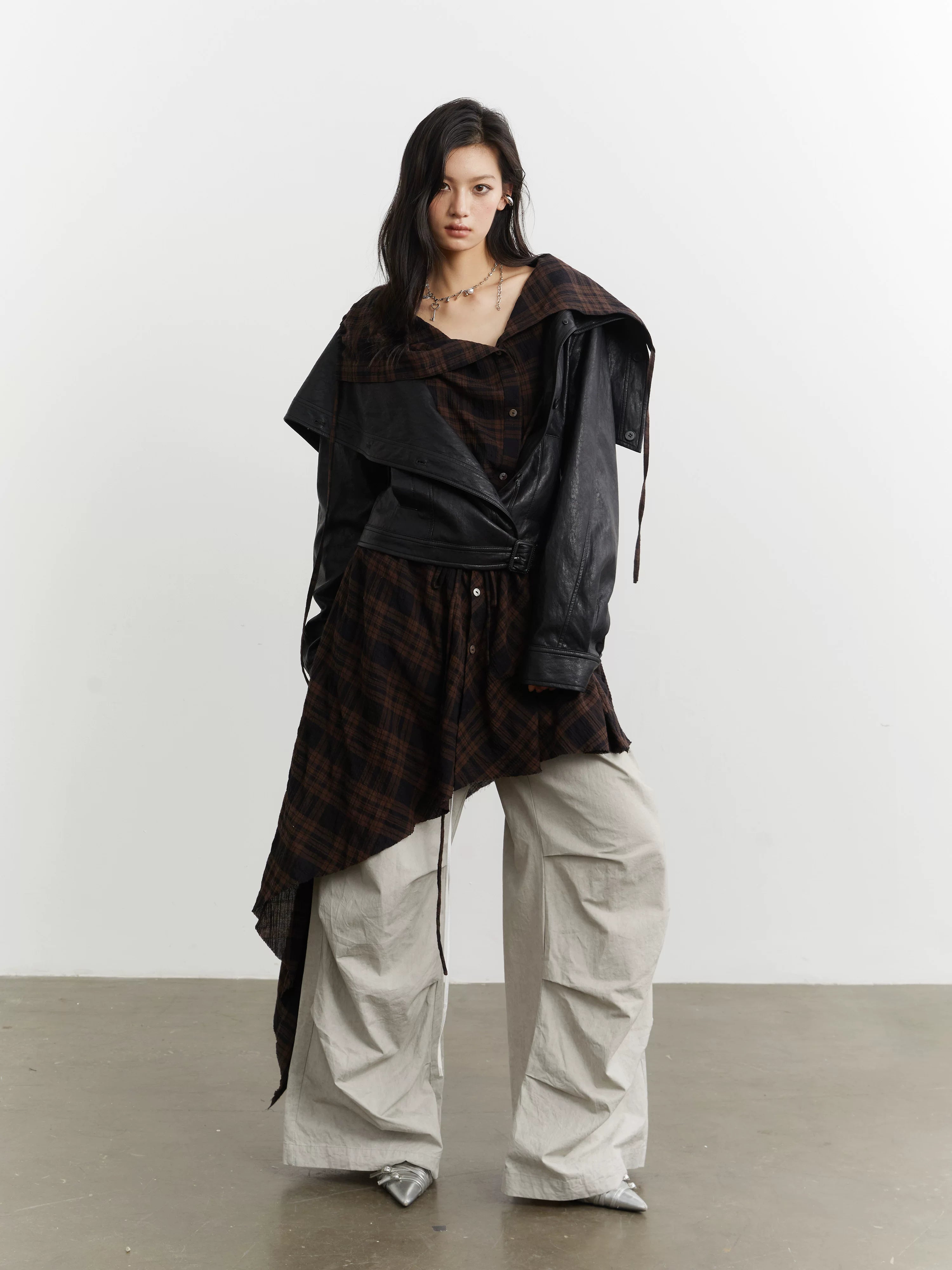 JNYLON-plaid Apron Stitched Imitation Leather PU Jacket