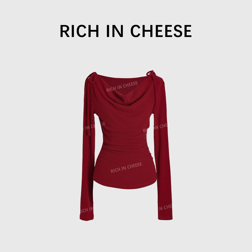 RICH IN CHEESE Pure Desire Swing Neck Knitted Waist Pleated Long Sleeves