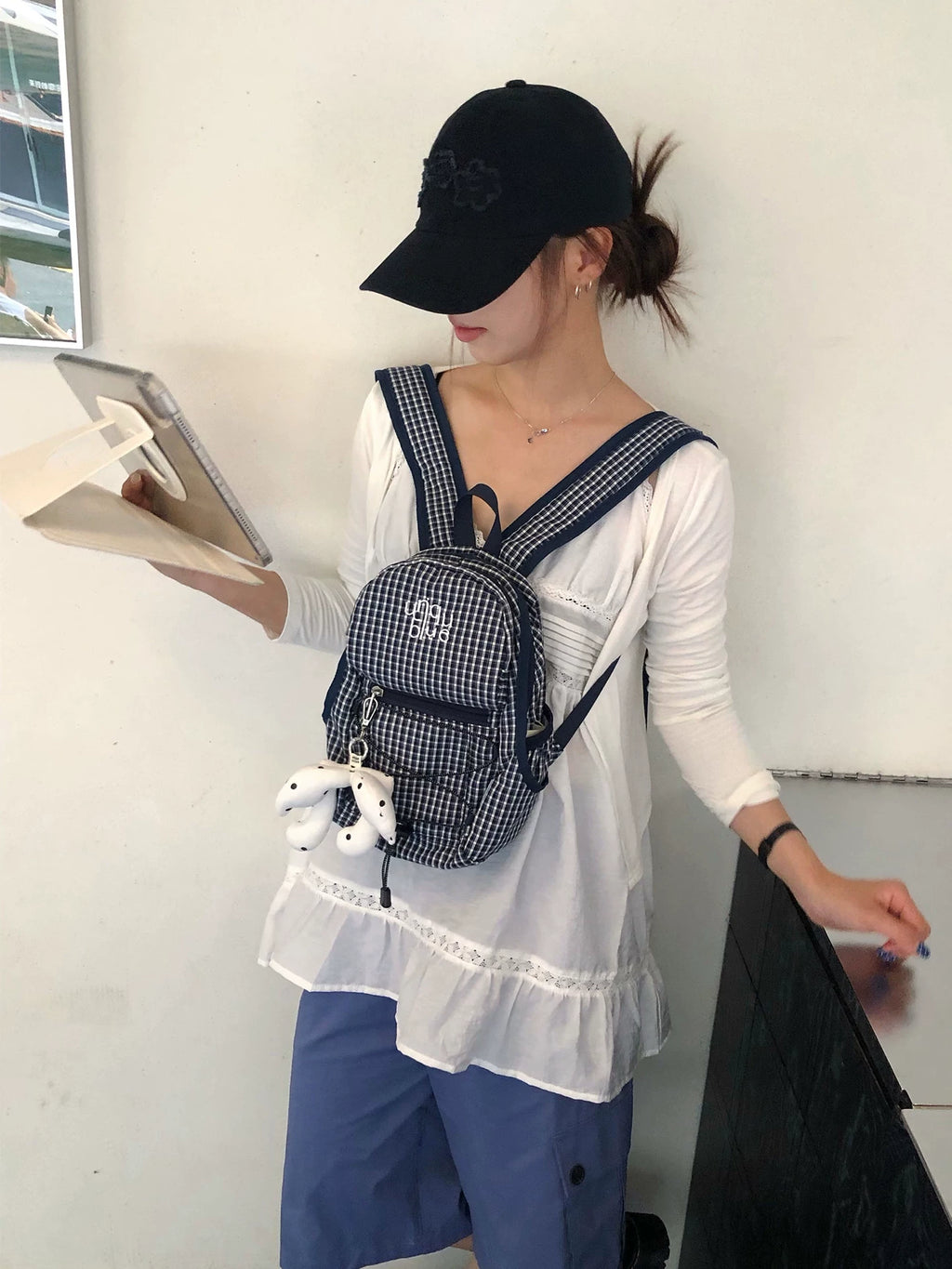 Unique blue Royal Blue Plaid Canvas Zip-Top Backpack