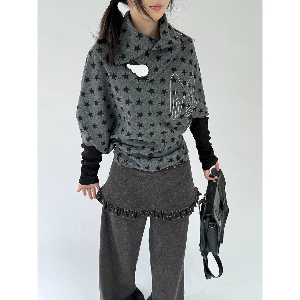 Kasugano TOO Casual Punk Star Wing Irregular Dark Gray-Black Long-Sleeve Top