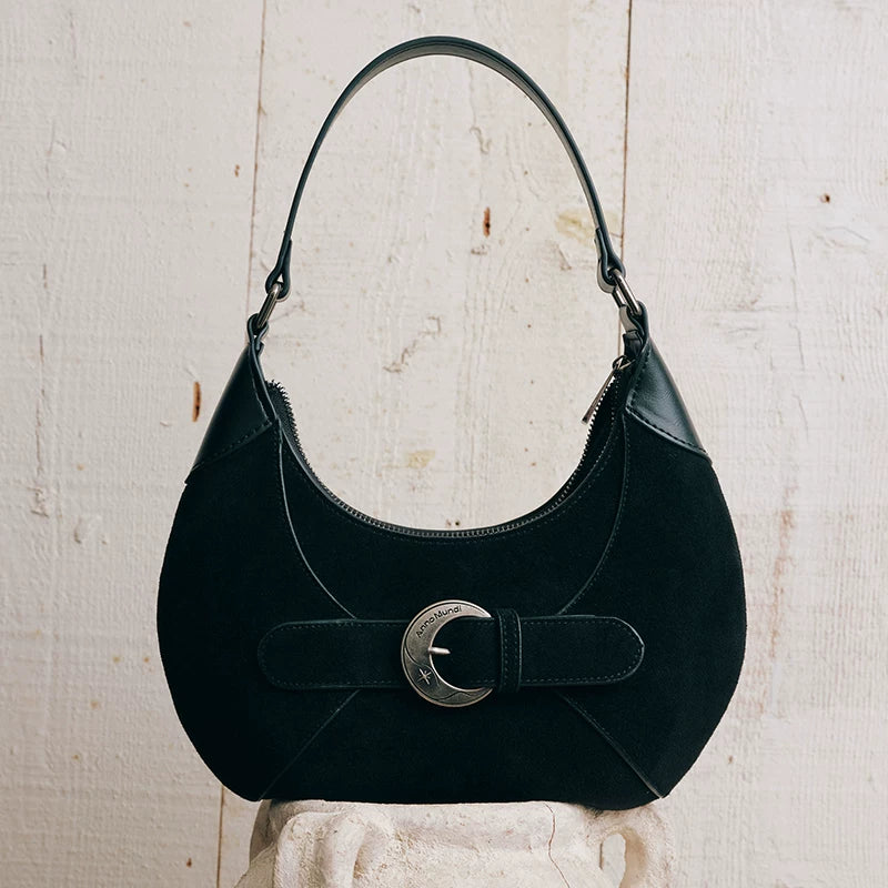 AnnoMundi Black Faux Leather Magnetic Snap Shoulder Bag