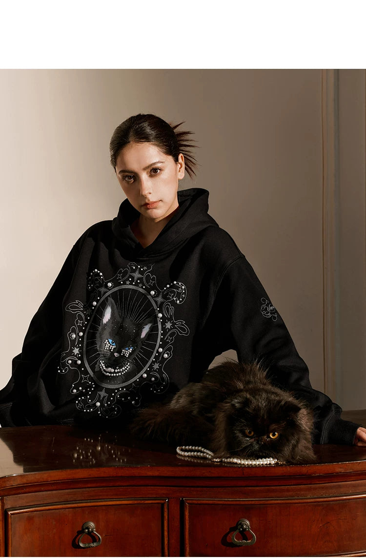 YADcrew Cat Print Hooded Sweater