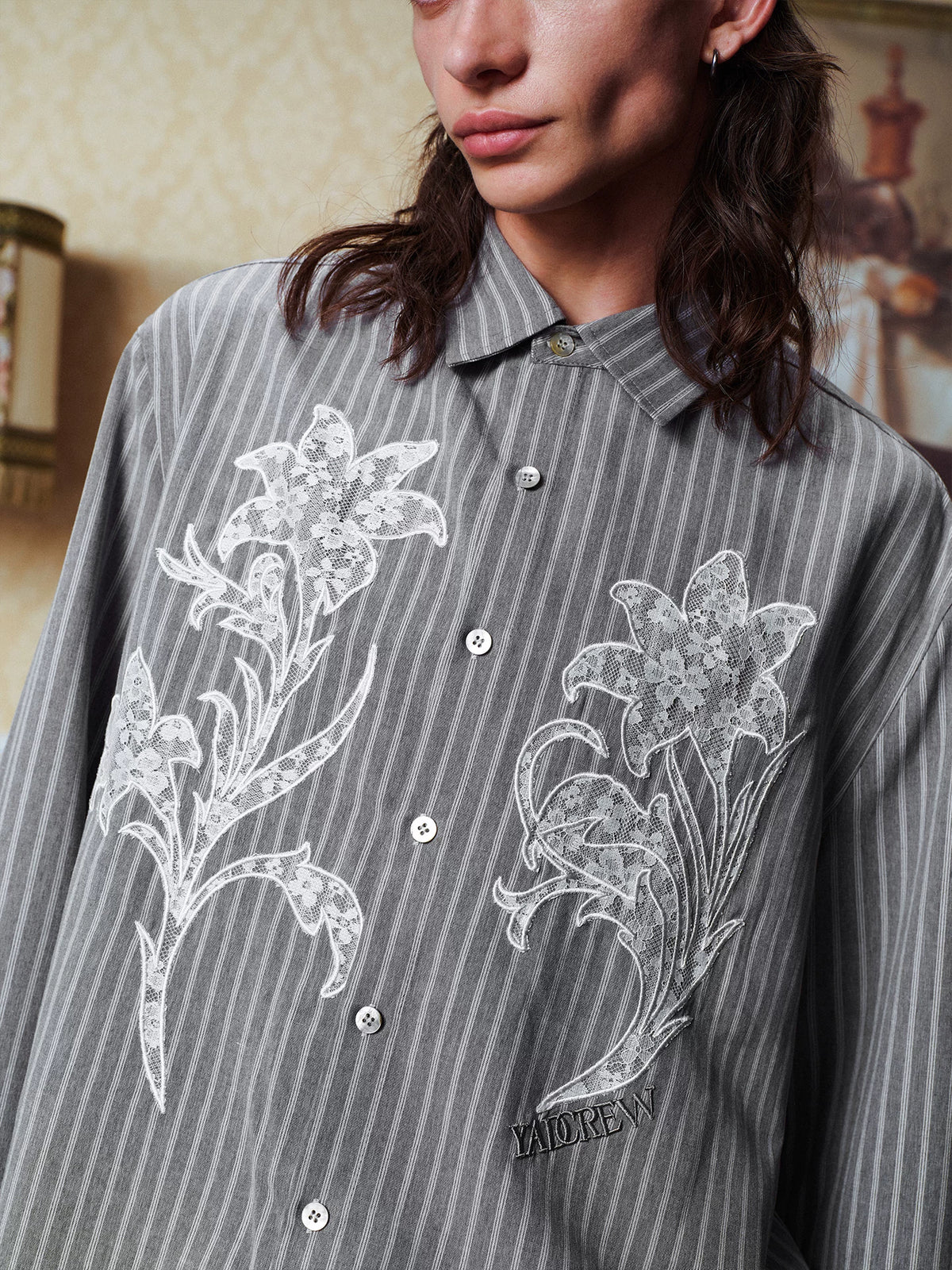 YADcrew Striped Embroidered Relaxed Long-Sleeve Shirt