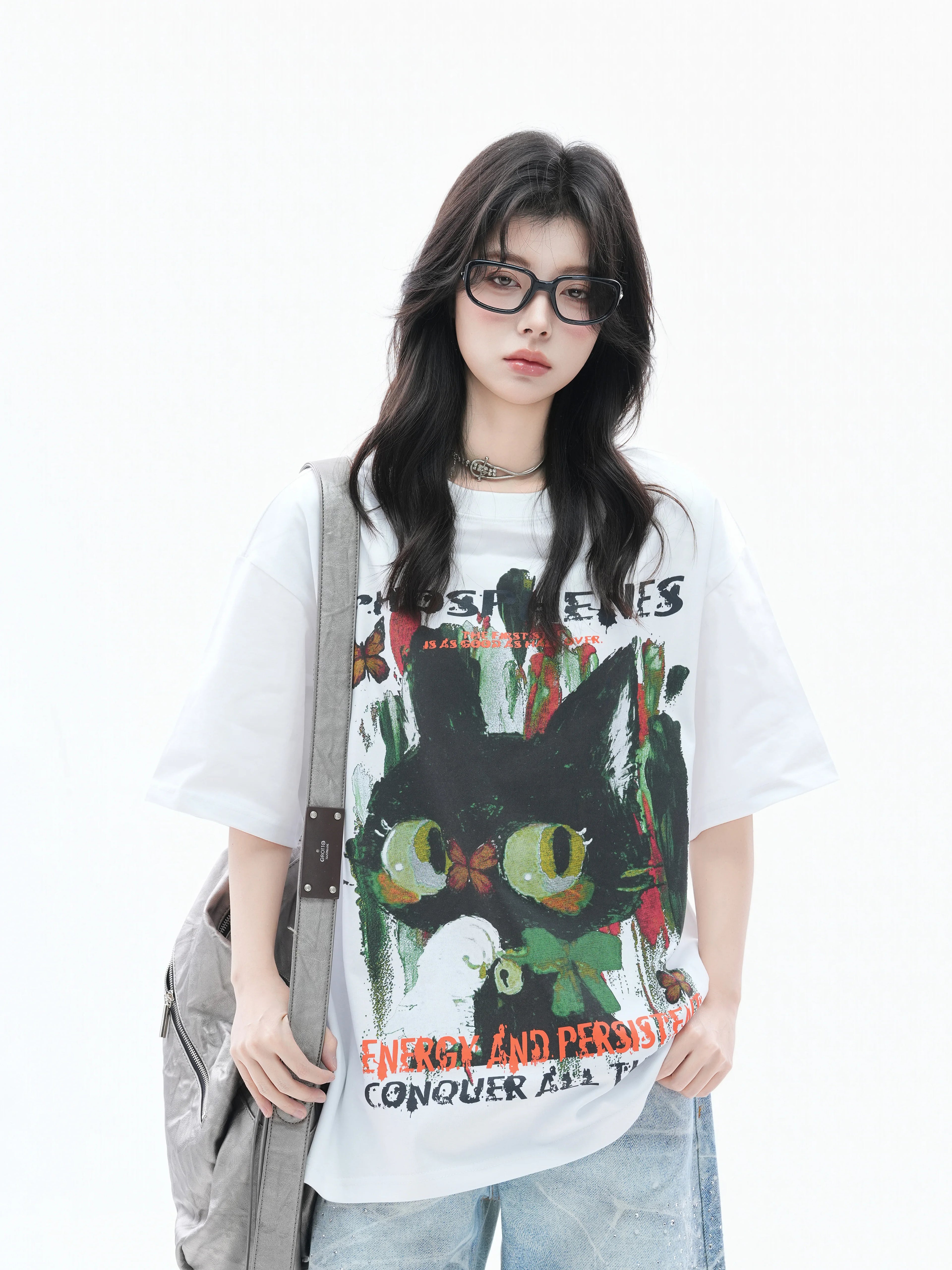 Zuocisankon Oversize Cute Cat Graffiti Print Tee