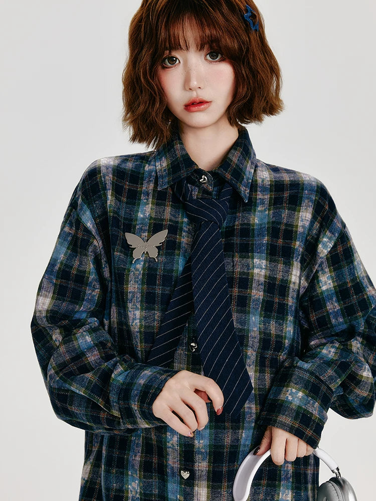 Girlyhalo Vintage Plaid Long Sleeve Shirt