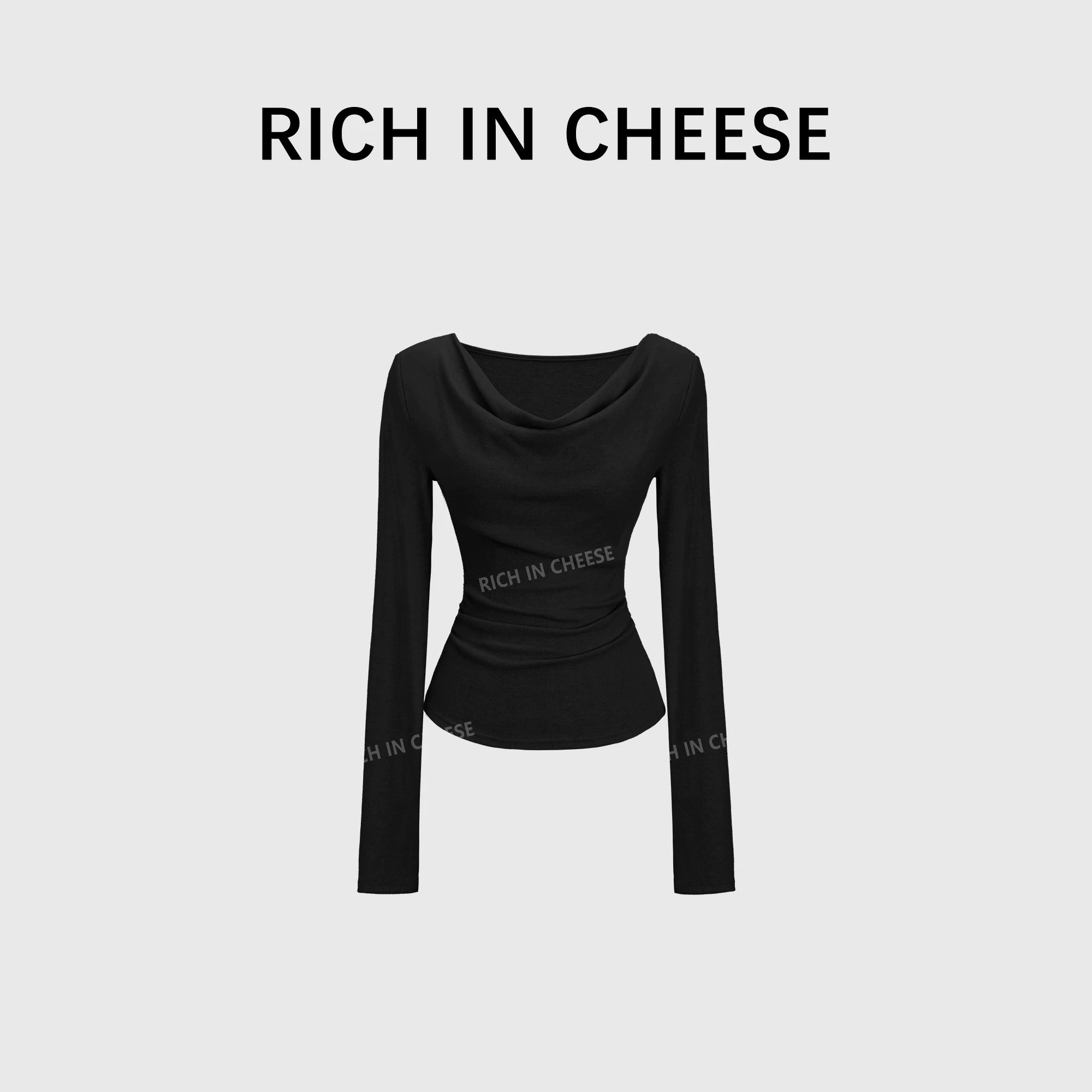 RICH IN CHEESE Swing Neck Knitted Waist Pleated Long Sleeves