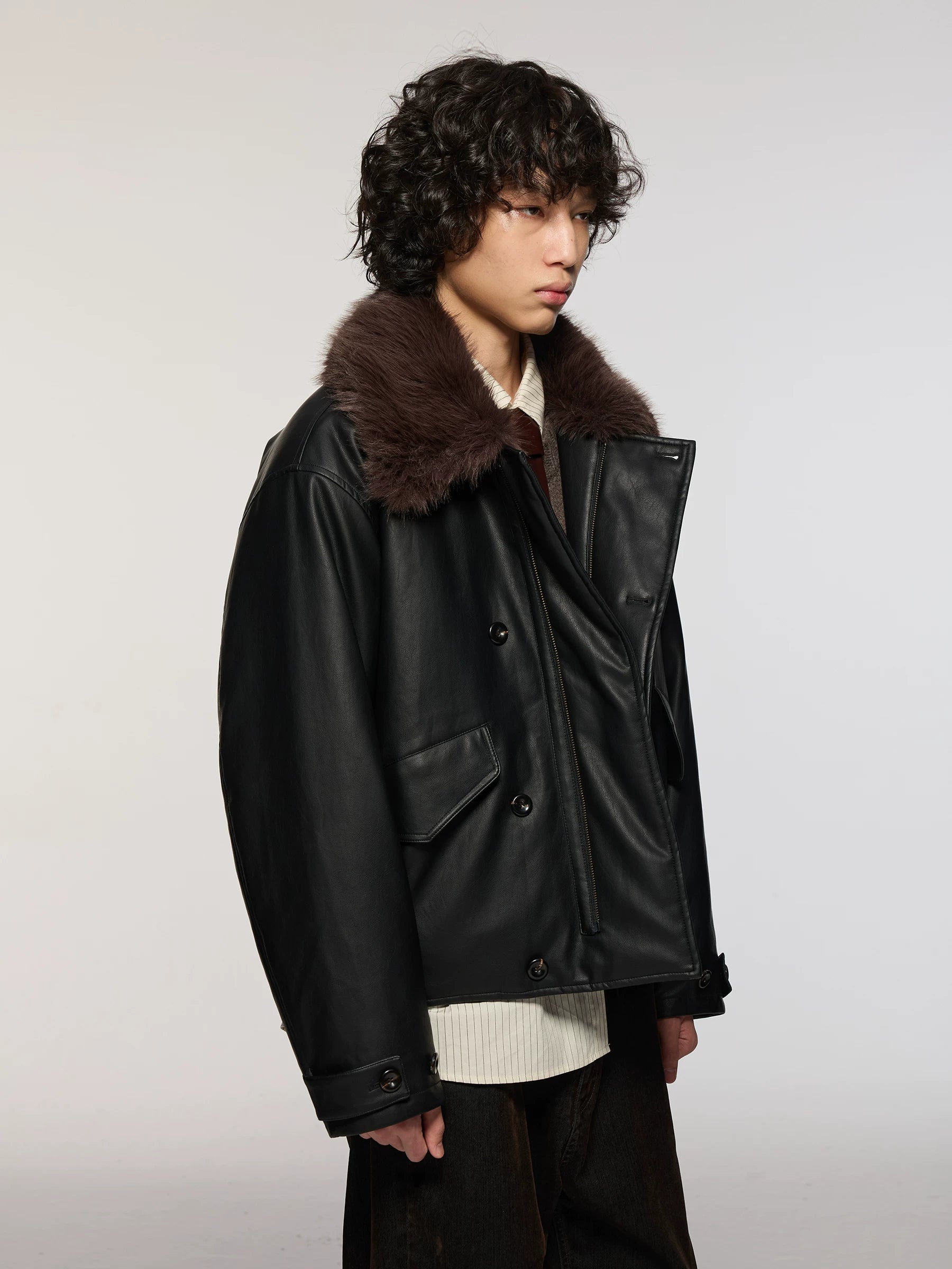 Azure Lisseur Sweater Collar Leather Jacket