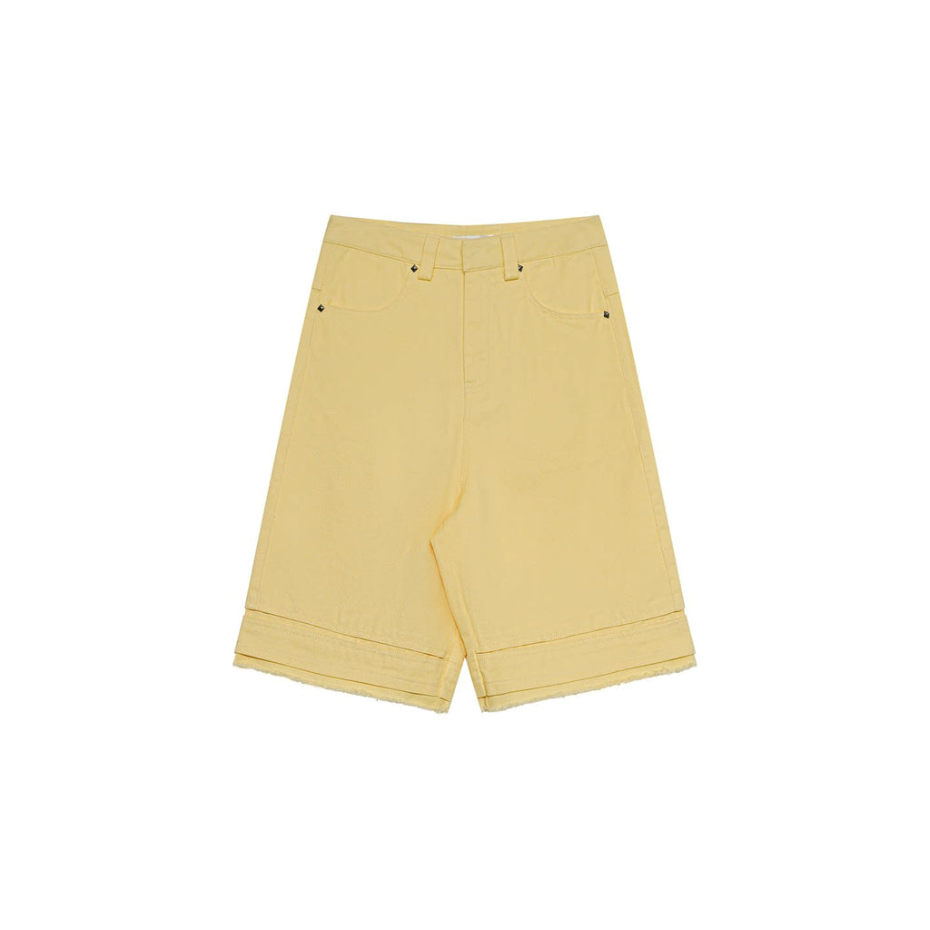 FUNKYFUN Raw Denim Pleated Frayed Loose Straight Shorts