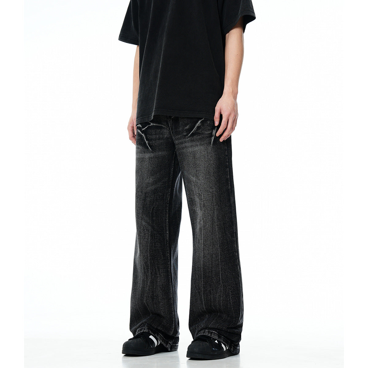 11KN Retro High Street Lightning Crack Washed Distressed Cat Whisker Loose Jeans