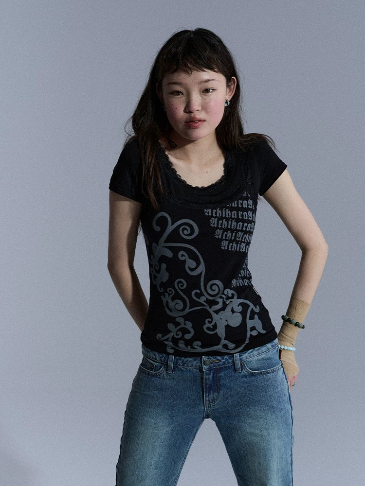 Achihara Peppermint Lace Fitted Cropped Tee