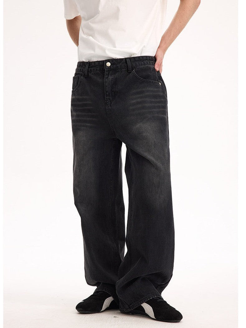 UNF 13.5oz Blockbuster Washed Old Cat Whiskers Baggy Bull Wide Leg Black Jeans