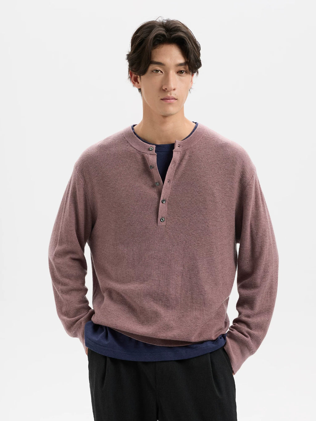 BUTTBILL Henley Shell-Button Loose Knit Sweater