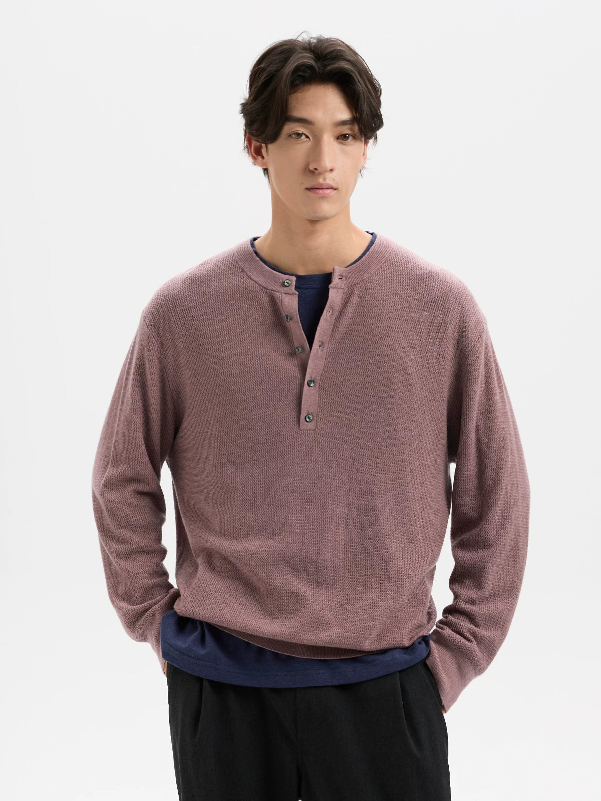 BUTTBILL Henley Shell-Button Loose Knit Sweater