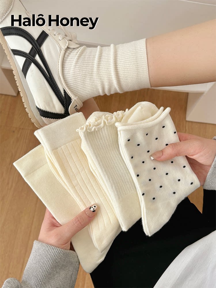 Halo Honey Moisture-Wicking Polka Dot Rolled Edge Mid-Calf Socks