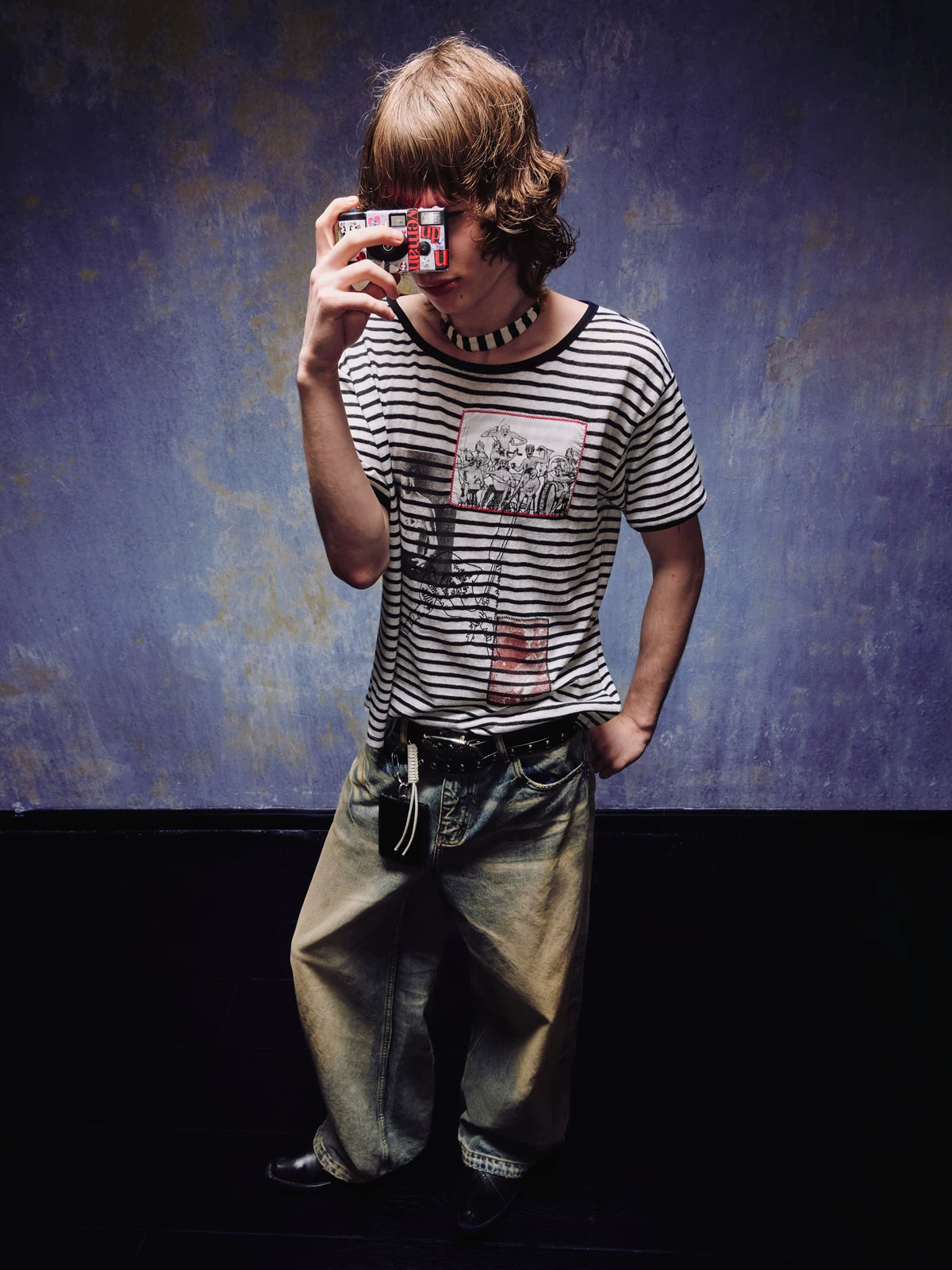 Yemanup Retro Striped Embroidered Applique Printed Versatile Tee