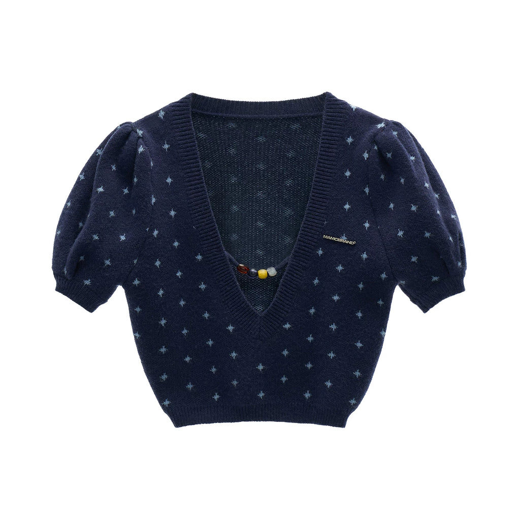 MAMC V-Neck Puff Sleeve Slim Fit Soft Knit Sweater