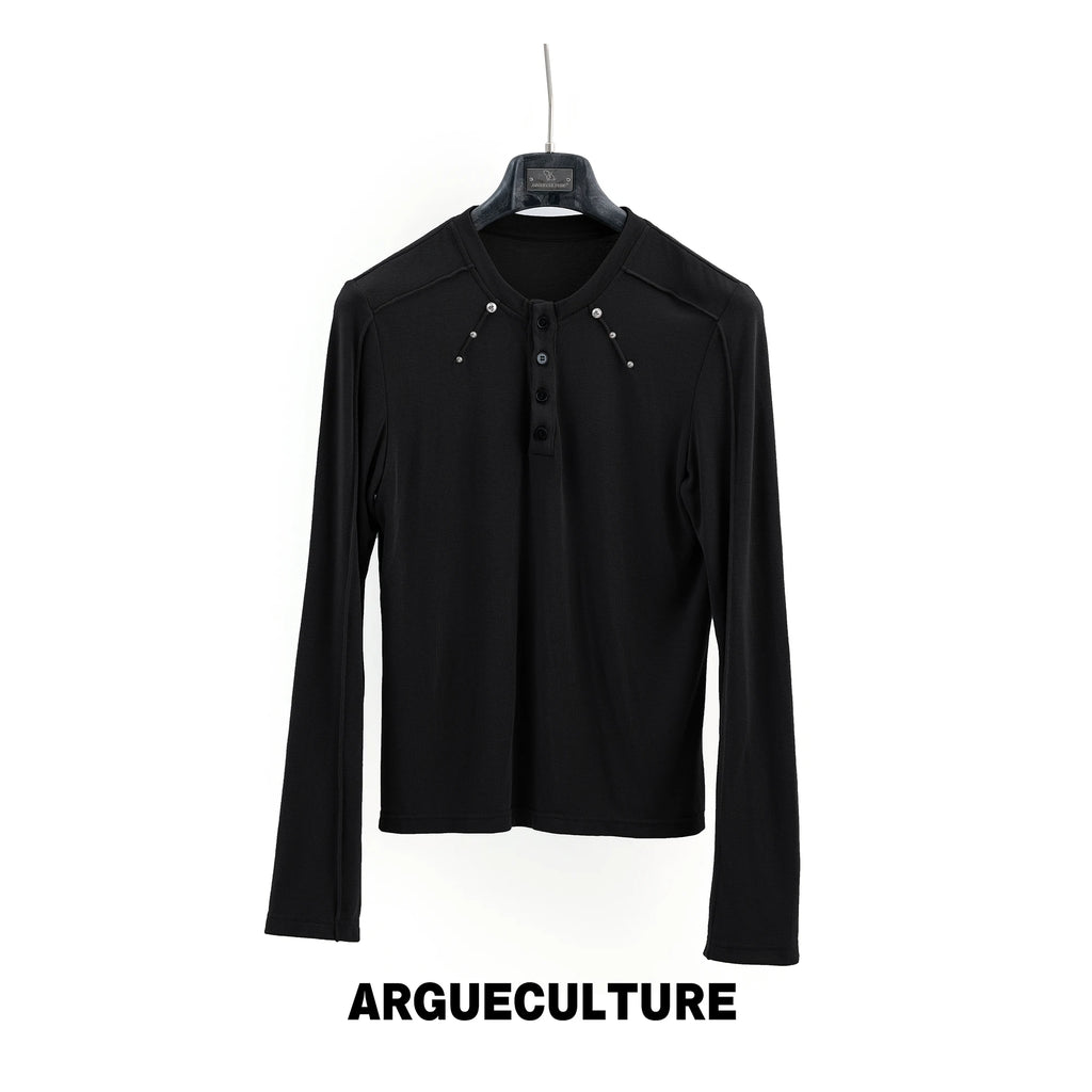ArguE CulturE Deconstructed Studded Slim-Fit Henley Long-Sleeve Tee