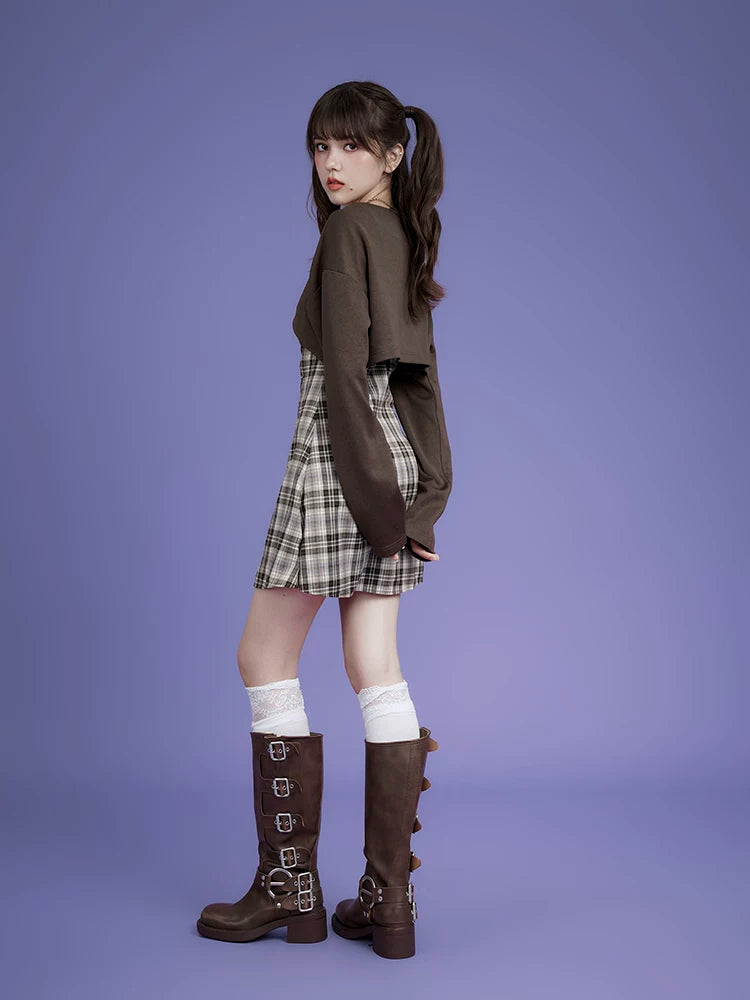 SagiDolls Girl Power Brown Plaid Camisole & Cardigan Two-Piece Set
