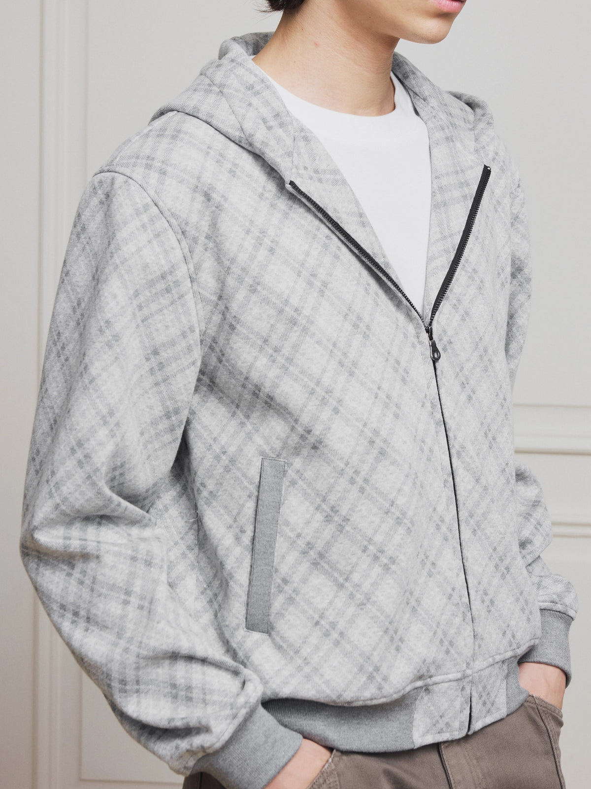 Stay the Night Diamond Plaid Zip-Up Hooded Sweatshirt