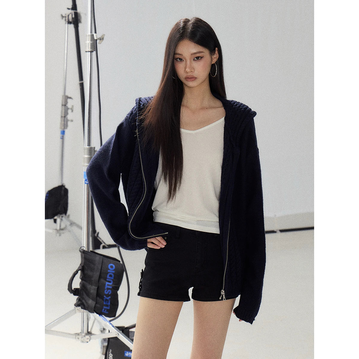 WITHMIN Dark Blue Hooded Knit Zip-Up Cardigan