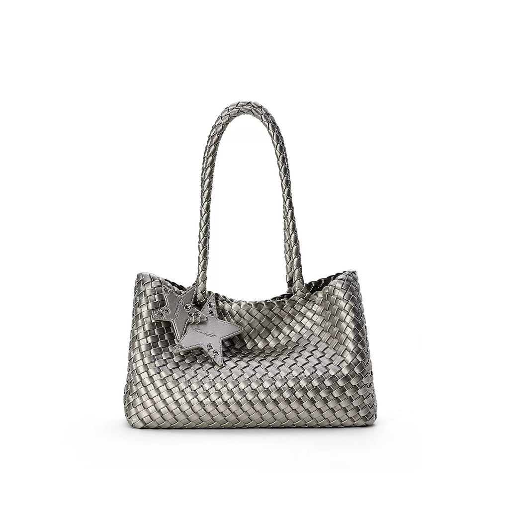 ECODAY Champagne Woven PU Leather Shoulder Bag