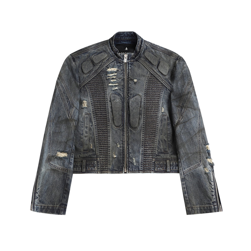 FACEON LAB Dark Akila Washed Motorcycle Denim Jacket - As Seen on Ding Yuxi