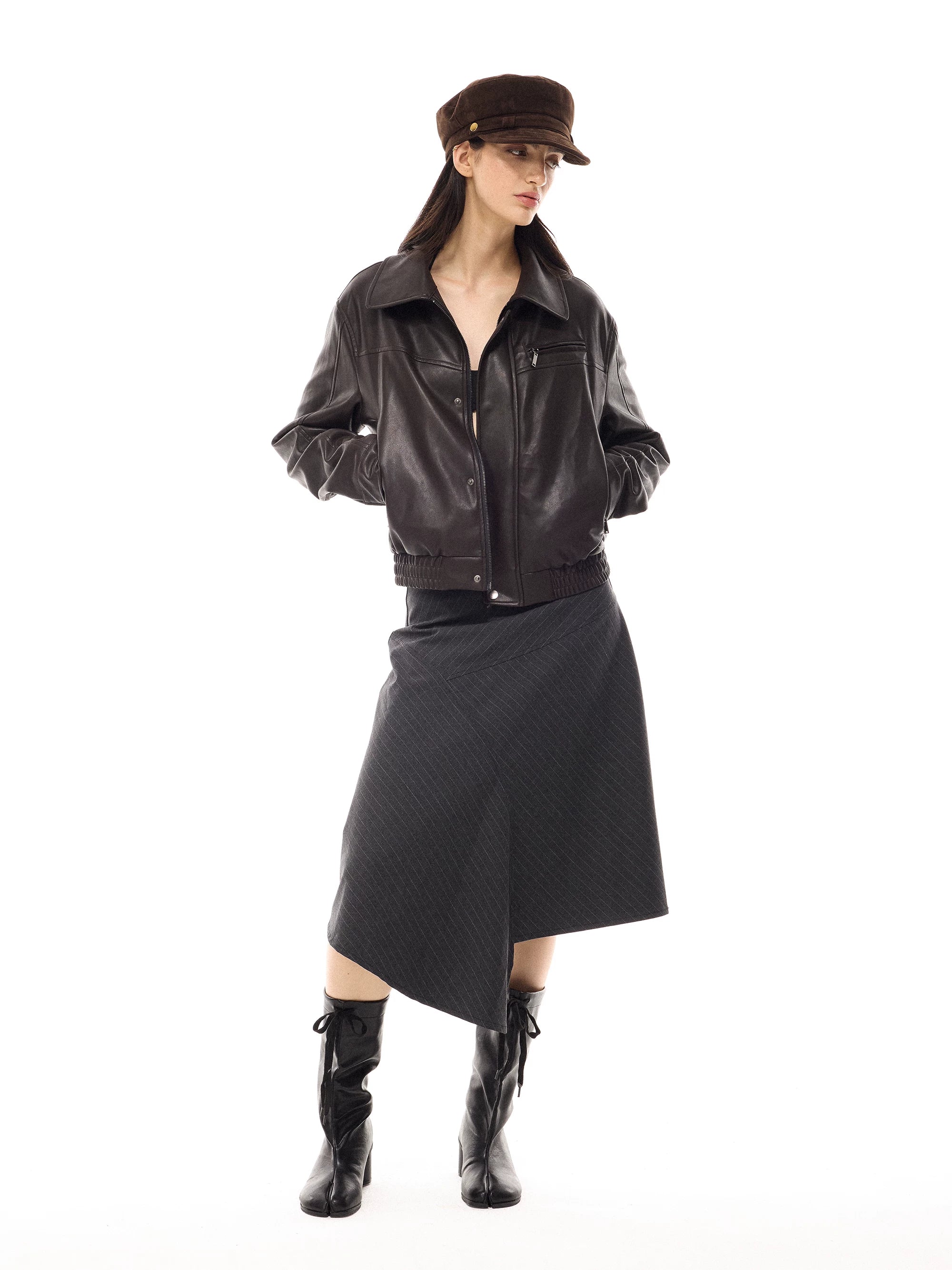 COSTUSTOOT Faux Leather Zip-Up Cropped Bomber Jacket