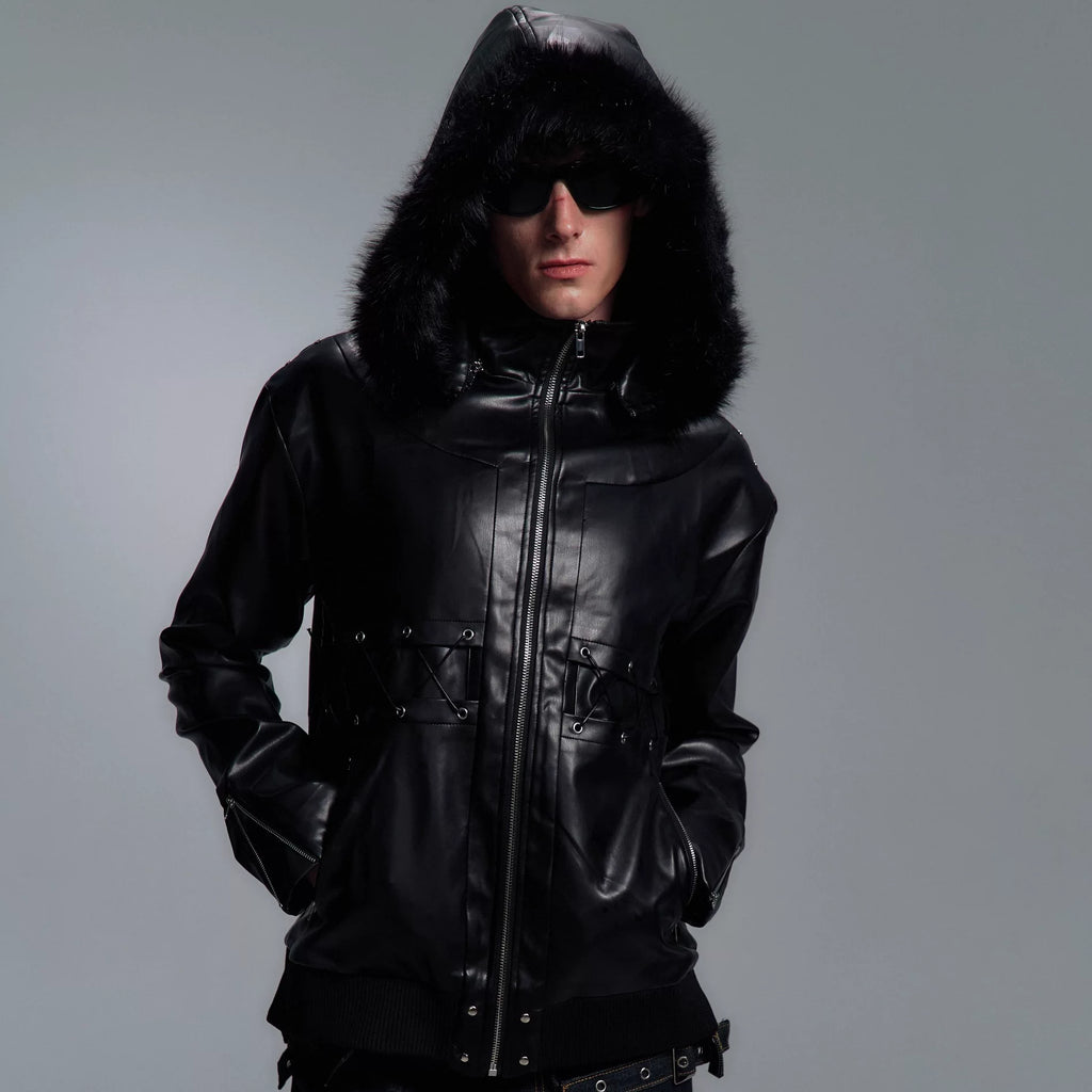 PAIKI Cross Strap-on Leather Jacket Sweater Collar Jacket