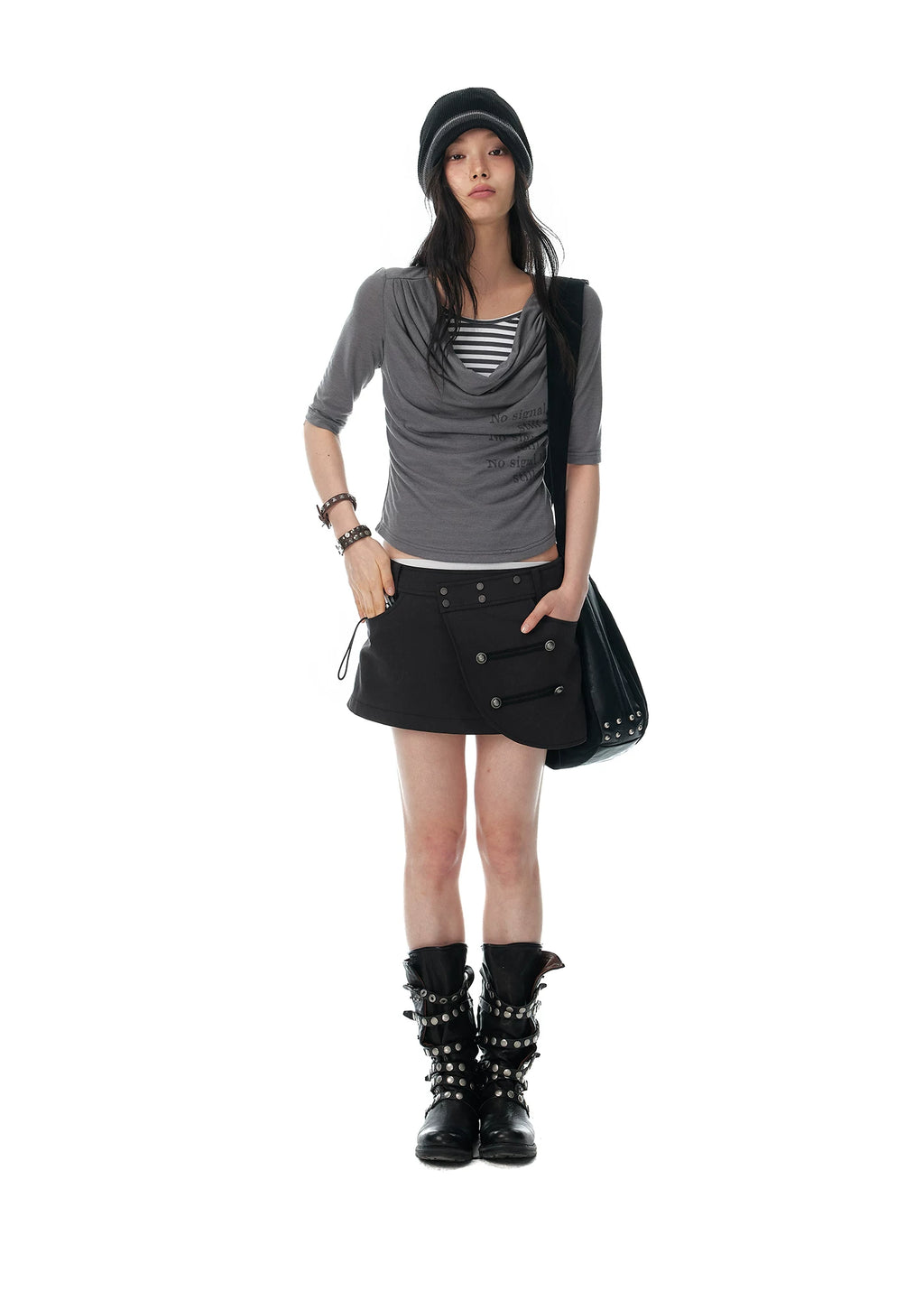 JIKOO Fake Two-piece Striped Splicing Slim Tee