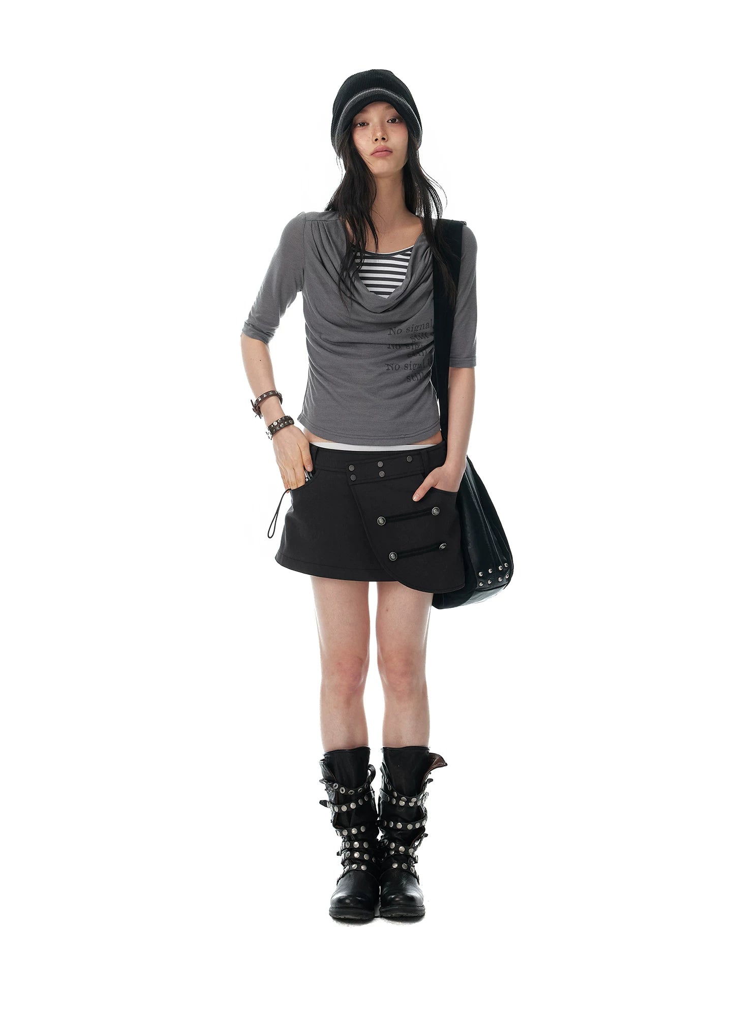 JIKOO Fake Two-piece Striped Splicing Slim Tee