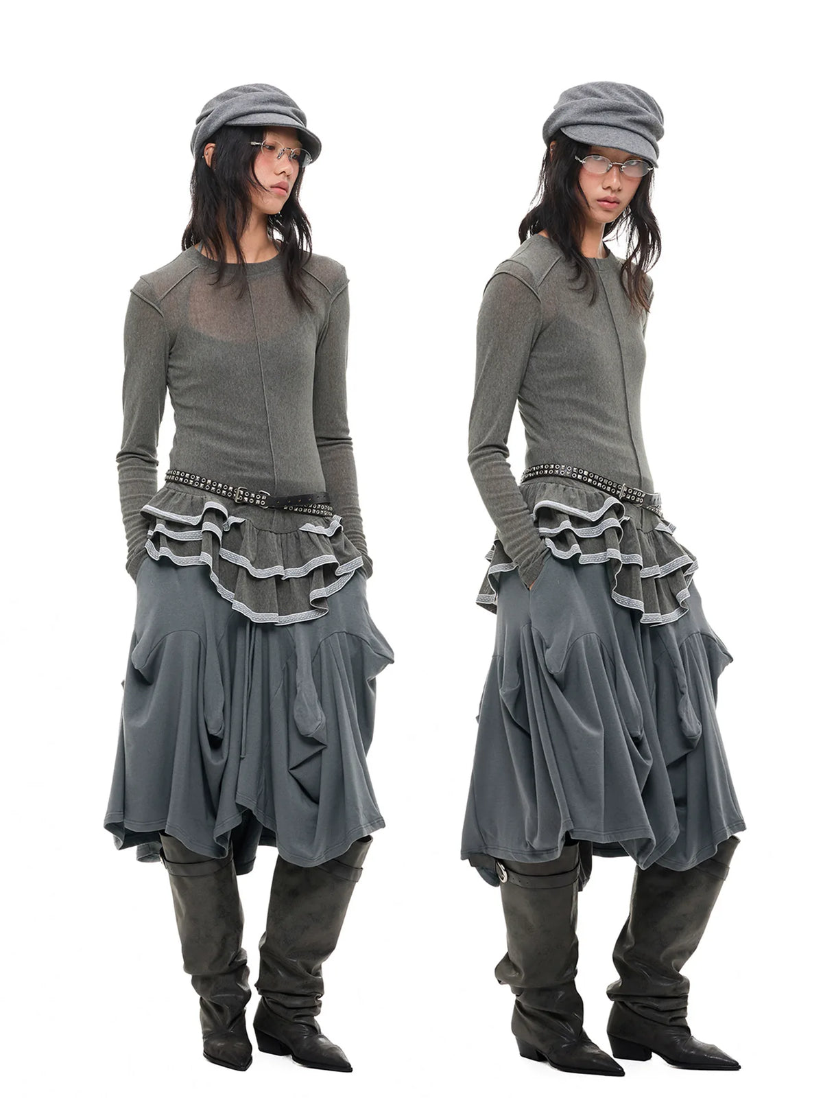 JIKOO Asymmetrical Drawstring Waist Midi Skirt