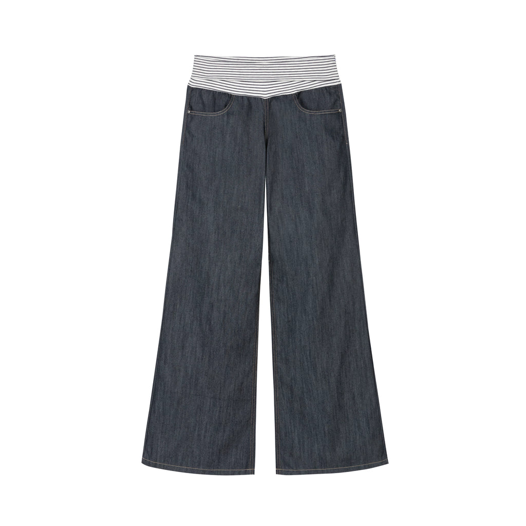 Yawhat Deep Blue Striped Low-Rise Flared Trousers