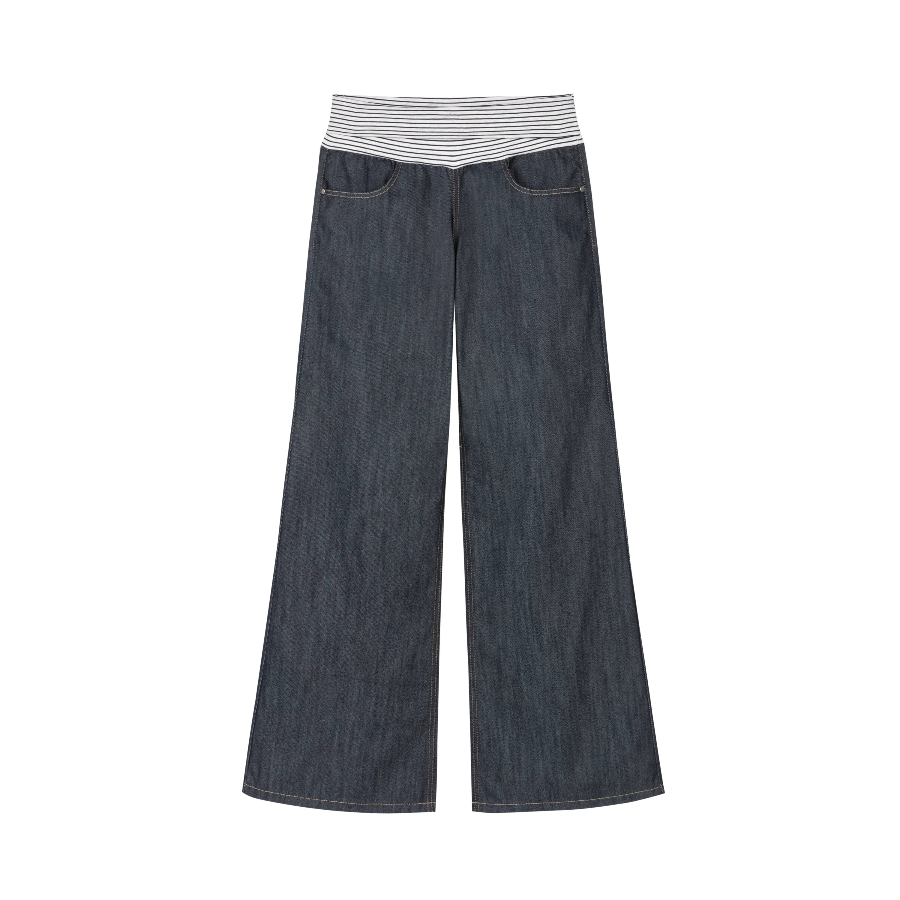 Yawhat Deep Blue Striped Low-Rise Flared Trousers