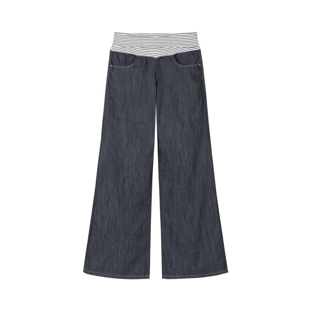 Yawhat Deep Blue Striped Low-Rise Flared Trousers