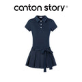 Cantonstory Navy Faux Two-Piece Pleated A-Line Mini Dress