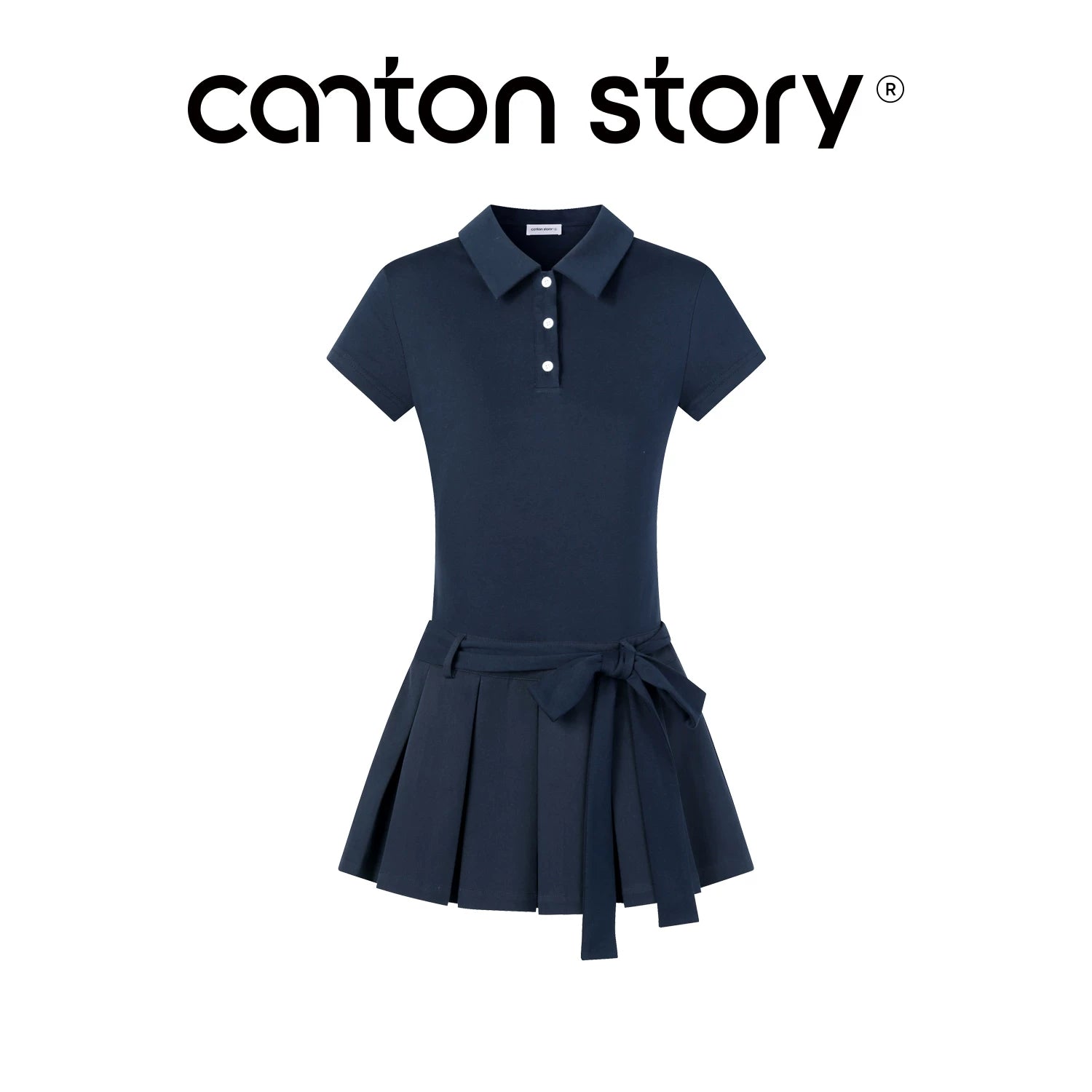 Cantonstory Navy Faux Two-Piece Pleated A-Line Mini Dress