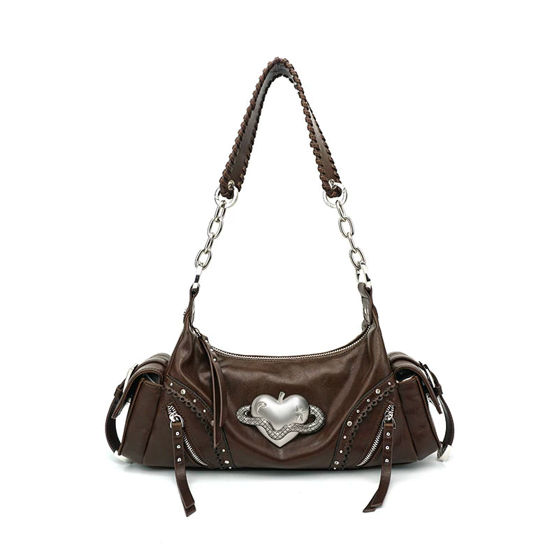 VFVF Brown Faux Leather Zip-Top Hobo Bag
