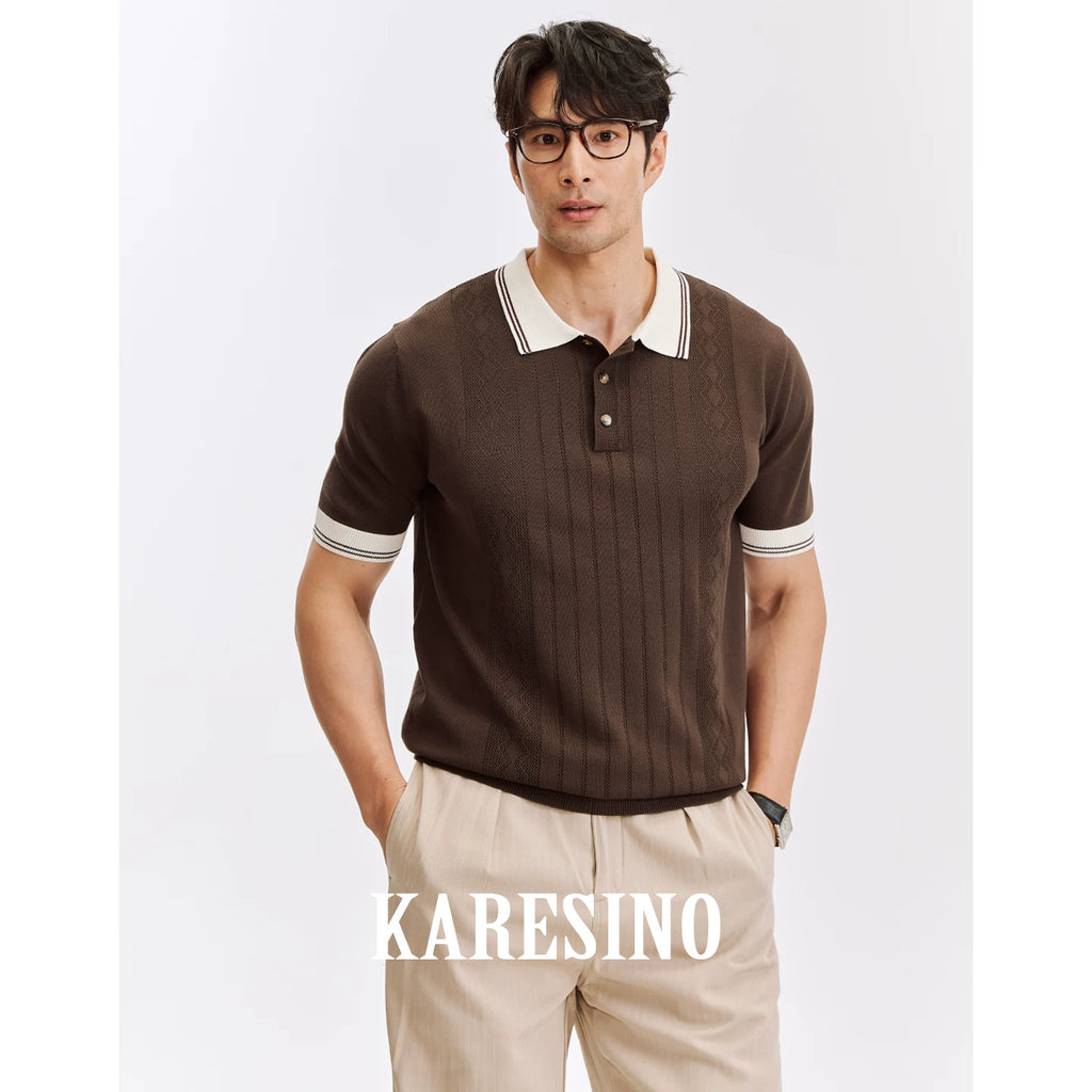 KARESINO Striped Cool-Touch Knit Polo Shirt