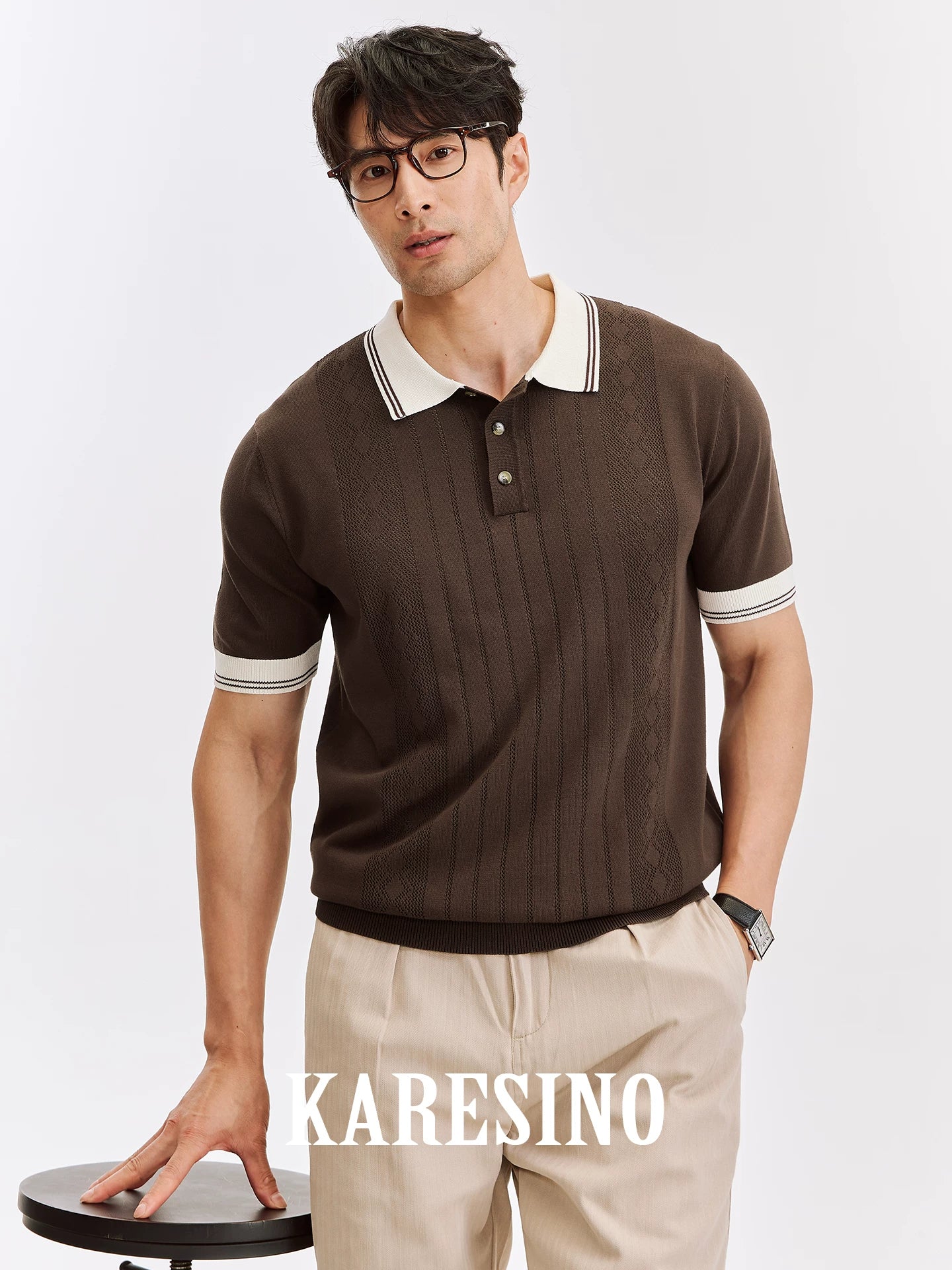 KARESINO Striped Cool-Touch Knit Polo Shirt