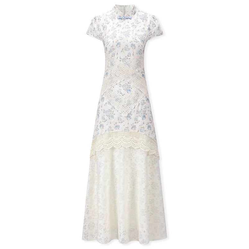 ZIHE Lace Splicing Hollow Floral Dress