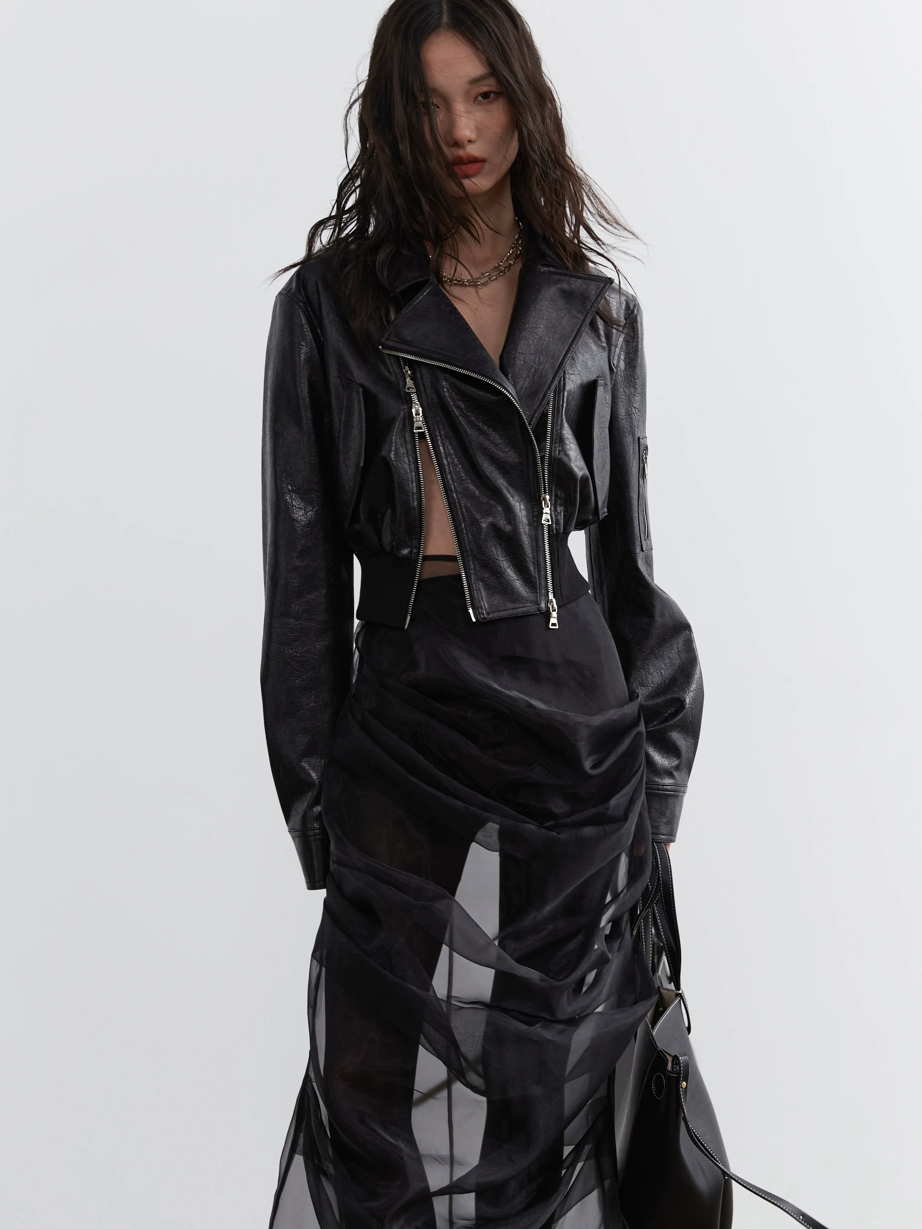 JNYLON Hollow PU Leather High-waisted Ultra-short Jacket