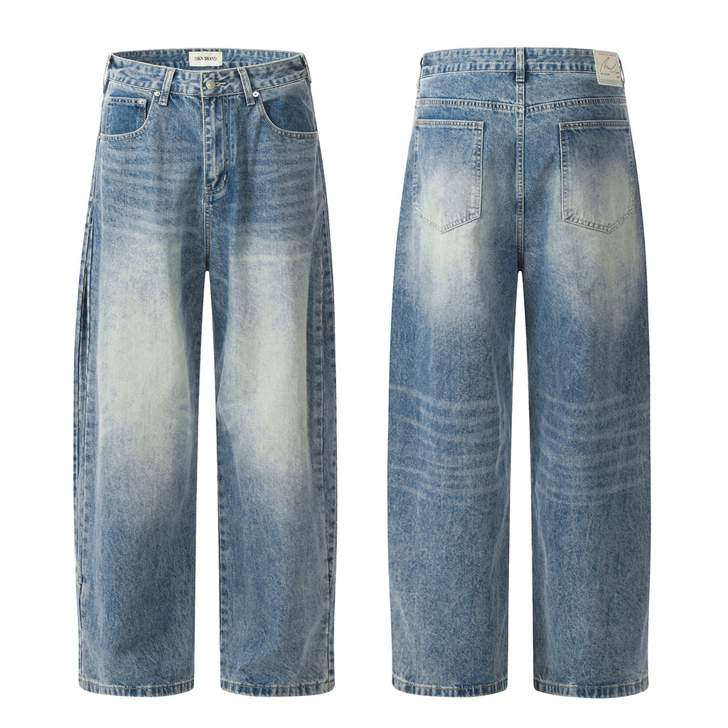 11KN American Retro Washed Blue Loose and Casual Cleanfit Pants Cross-border Jeans